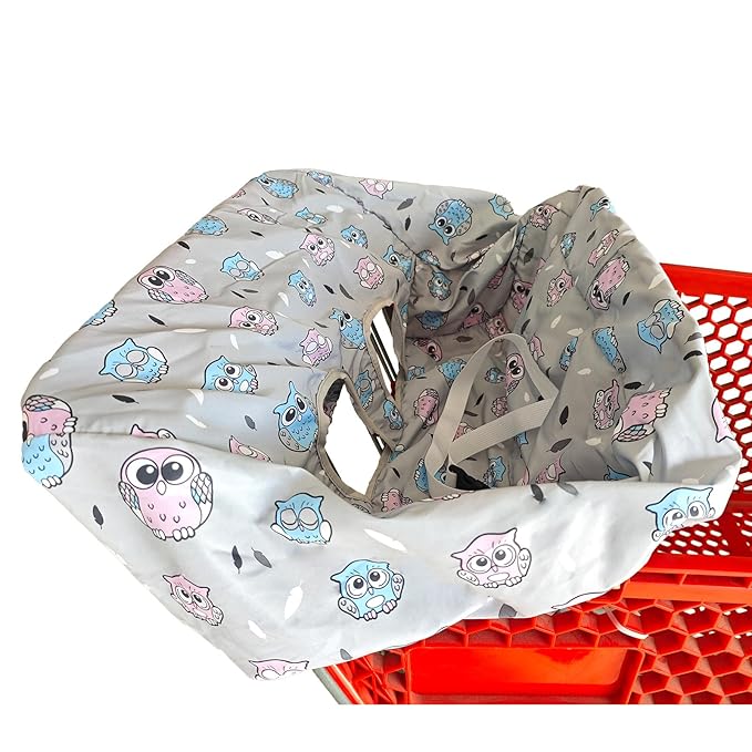 Portable Shopping Cart Cover, High Chair and Grocery Cart Covers for Babies, Kids, Infants & Toddlers, Attached Carry Bag (Simple Gray Owl)