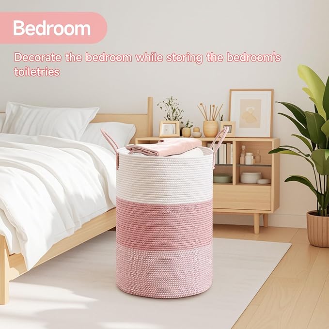 CLHMILY&Z 80L Laundry Basket Round Storage Rope Basket - 16.5x22.5 Inches - Pink Hamper in Bedreoom and Cute Storage Bin for Blankets, Toys, and Nursery Essentials