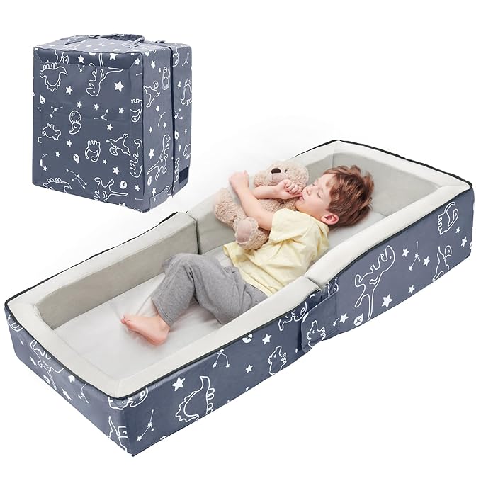 Toddler Travel Bed, Portable Kids Floor Bed for Sleeping with Foam Mattres, Washable Toddler Cot for Kids Aged 1-4, Velvet Fabric