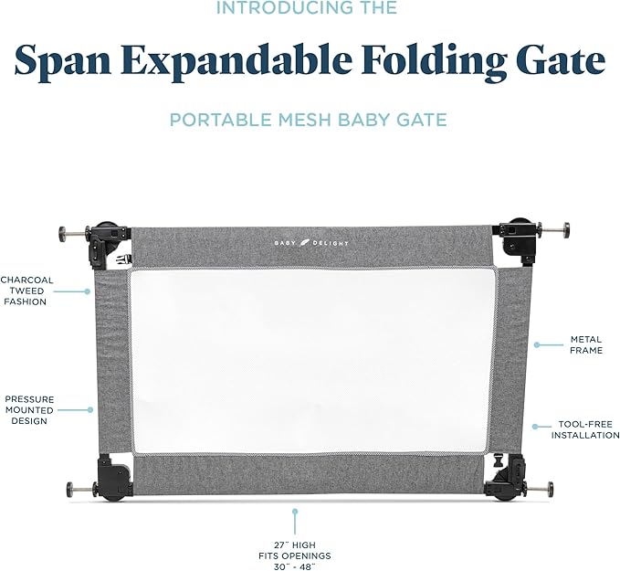Baby Delight Go with Me Portable Mesh Baby Gate | Span 30-48" Expandable Folding Gate | Pressure Mounted | Charcoal Tweed
