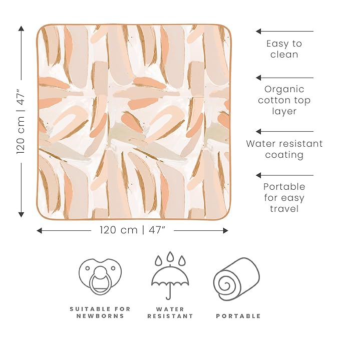 Toddlekind Pretty Practical Mat 100% Organic Cotton 47" x 47”, Reversible, Portable, Travel, Portable, Indoor/Outdoor, for Babies/Toddlers, Peach Skies (Peaches)