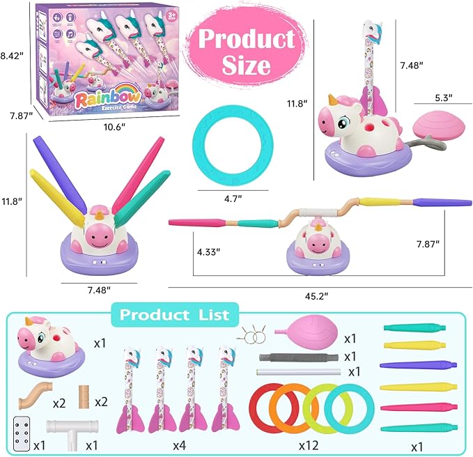 Outdoor Toys for Kids, 3 in 1 Rocket Launcher, Musical Jumping & Ring Toss Games with Remote Control, Unicorn Toys for Girls, Outdoor Play Games for Toddlers 3-5 4-8 Birthday Gift Party (Multicolored)