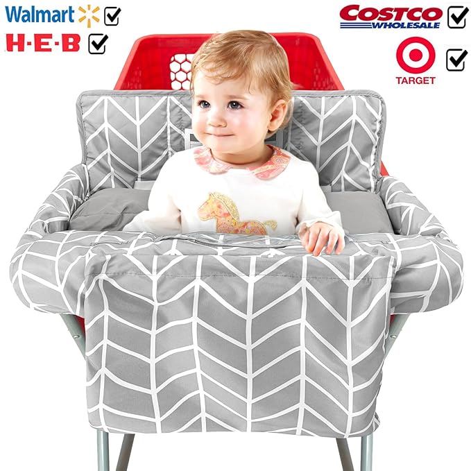 Soft Pillow Attached 2-in-1 Shopping Cart and High Chair Cover for Baby, Cotton Padded Cart Cover, Fold'n Roll Style, Portable with Carry Bag (Gray Arrow)