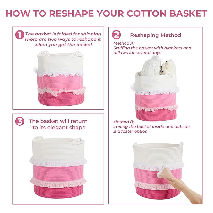 CherryNow Extra Large Woven Storage Baskets – 16'' x 17'' Cotton Rope Decorative Pink Hamper for Nursery, Toys, Blankets, and Laundry, Cute Tassel Nursery Décor for Baby & Girl