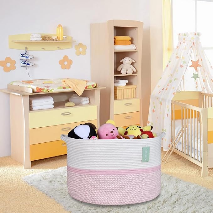 Extra Large Cotton Rope Basket For Girls Kids 87L, Nursery Hamper, Large Laundry Basket , Nursery Bin, Laundry Hamper Organizer for Storage Toys Blankets Clothes, 22”x 14”, Blend White & Pink