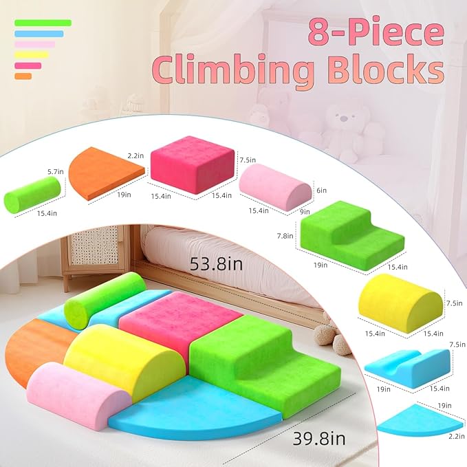 8 Piece Toddler Climbing Blocks，Soft Play Climbing Toys Indoor for Toddlers Ideal Crawling and Exploration Play Set for Baby Gym/Toddler Playground (Rainbow Color, 6pcs)