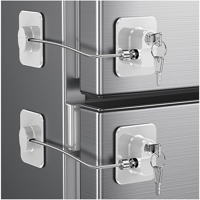 2 Pack Refrigerator Door Lock, Child Proof Fridge Door Lock for Kitchen Freezer, Cabinets and Drawers, Air Oven Air Fryer, Closets, Windows, Doors-No Tools Need or Drill (Patent) (2 pcs Lock White)