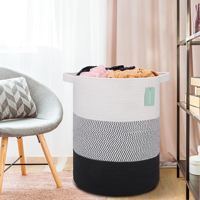 ﻿BOSROTY Large Laundry Hamper for Girls Boys Kids 72L, Nursery Hamper, Tall Laundry Basket, Cotton Rope Woven Blanket Basket for Storage Toys Clothes Towels, 16”x 22”, White & Gray & Black