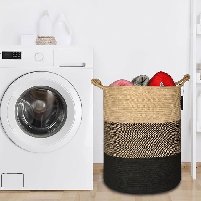 COMSE Extra Large Blanket Basket, Tall Woven Storage Basket, Nursery Hamper, 15.7”x 21.7”, Cotton Rope Laundry Hamper for Toys Clothes Towels, Brown/Black