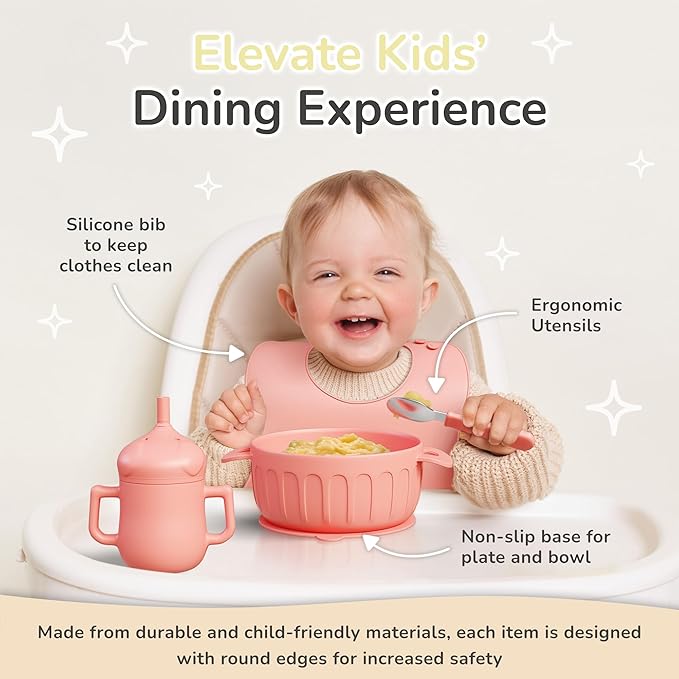 mimi & kiki BPA-Free Silicone Baby Feeding Set, Baby Plates and Bowls Set, Baby Led Weaning Supplies, Silicone Suction Plate, Baby Utensils, Bib and Cup, Self Feeding, Dishwasher Safe (Pink)