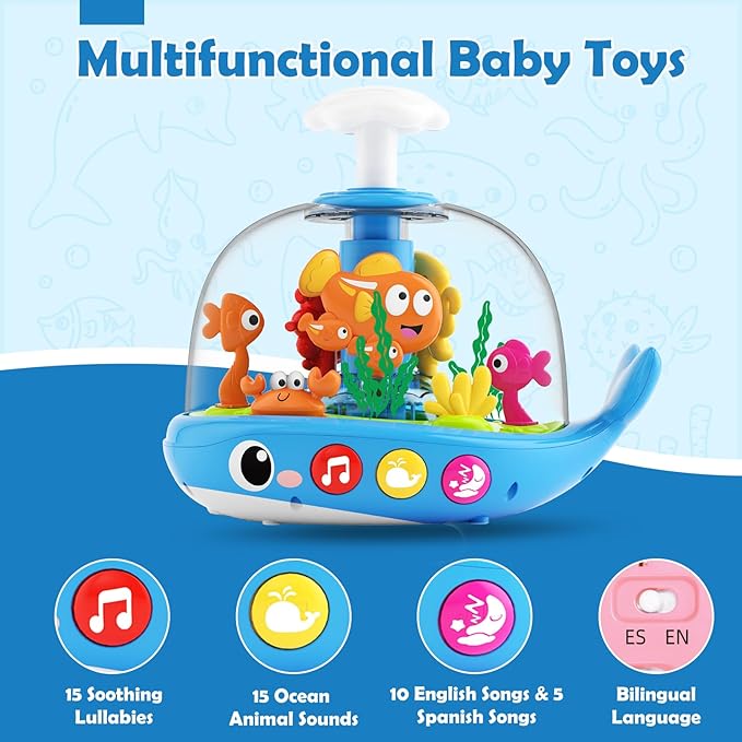 DUPHLAGT Baby Toys 6-12 Months - Toys for 1 Year Old Boy Girl Birthday Gift Press & Spin Aquarium Musical Light Up Infant Toys 12-18 Months - Bilingual Learning Toy for 1 2 Year Old (Blue)