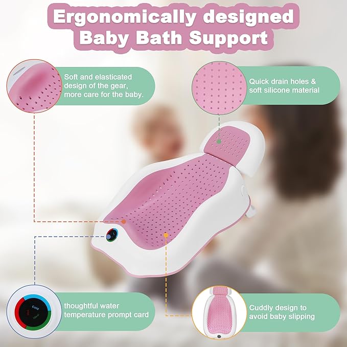 Baby Bath Support | Newborn Bathtub,Ergonomically Designed with Thermometer Collapsible Baby Bathtub Baby Bather, Baby tubs for Baby tubs for Newborn Essentials Must Haves (Pink)