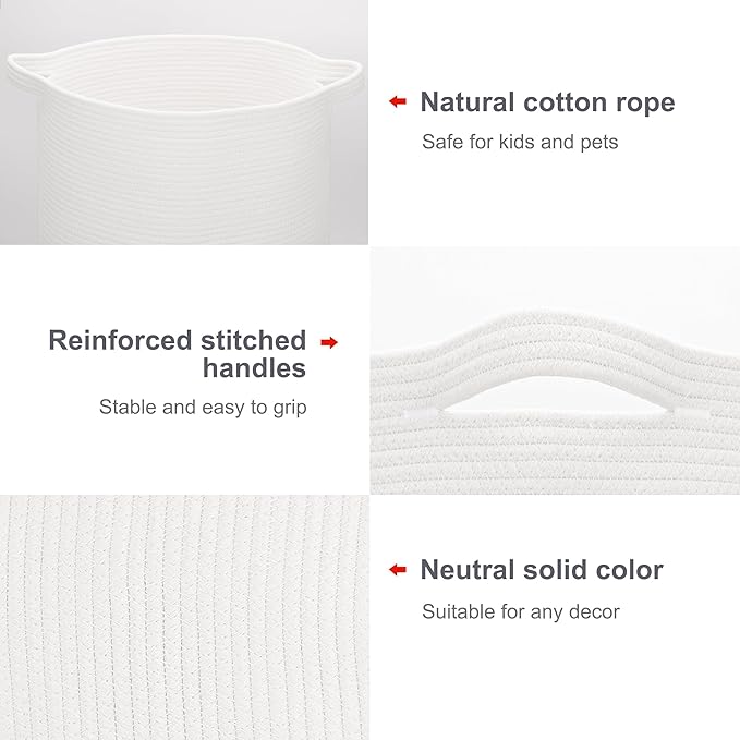 Large Laundry Hamper for Girls Boys Kids 72L, Nursery Hamper, Tall Laundry Basket, Cotton Rope Woven Blanket Basket for Storage Toys Clothes Towels, 16”x 22”, White