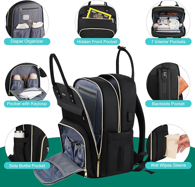 MOMUVO Diaper Bag Backpack, Quilted Baby Bag with Changing Pad and Stroller Straps, Dark Black