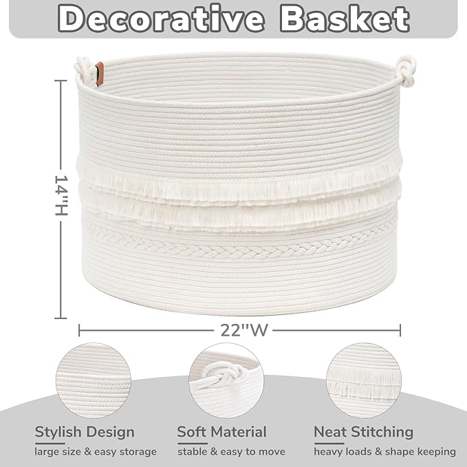 CherryNow 22"x22"x14" Large Blanket Basket, Home Décor for Living Room Bedroom, Boho Decorative Laundry Basket for Clothes, Baby Toy Storage, White