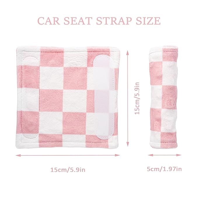 Carseat Strap Covers for Babies, Ultra Soft Double-Sided Use Shoulder Covers, 2 Pack Infant Seat Belt Covers for Car Seats/Strollers/High Chairs, for Baby Toddler Infant Boy Girl, Pink Checkered