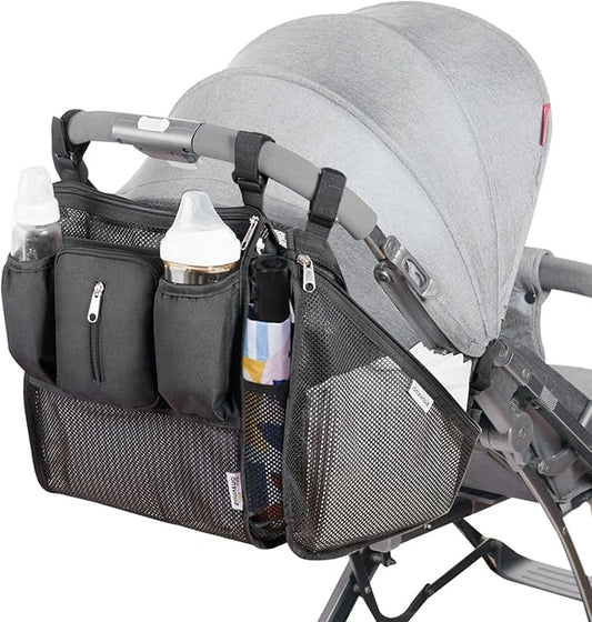 SUNVENO 2-in-1 Universal Stroller Organizer, Insulated Cup Holders, Zippered Phone/Wristlet Pocket, Side Sling Mesh Cargo, Adjustable Non-Slip Straps, Fits Most & Umbrella Strollers, Black