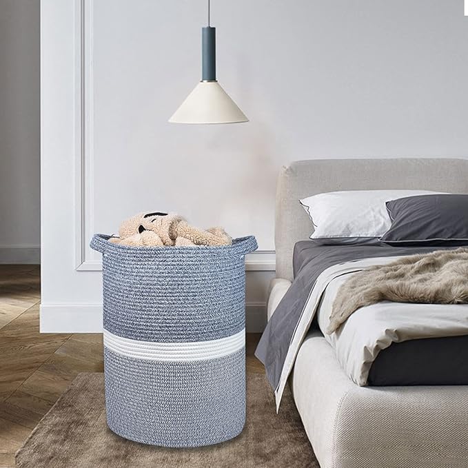 Large Blanket Basket, Nursery Hamper, Tall Laundry Basket 72L, Cotton Rope Woven Laundry Hamper for Storage Toys Clothes Towels, 16”x 22”, Blend Navy Blue & White
