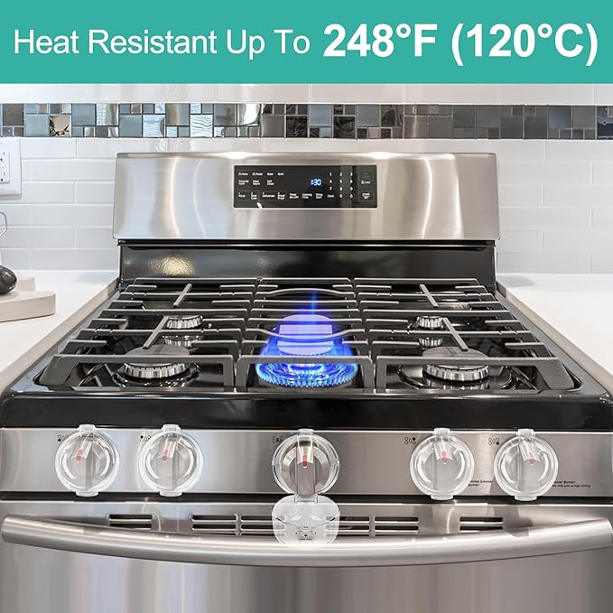 GRENFU Stove Knob Safety Covers (5 + 1 Pack) - Double-Key, Universal Size Gas Stove Knob Locks with Strong Double-Sided Tape, Heat-Resistant Oven Knob Covers for Child Safety/Pet Safety, Clear View