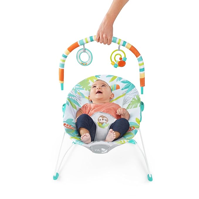 Bright Starts Baby Bouncer Soothing Vibrations Infant Seat - Removable -Toy Bar, Nonslip Feet, 0-6 Months Up to 20 lbs (Rainforest Vibes)