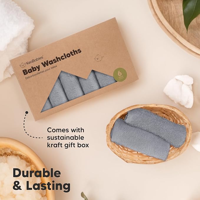 6-Pack Soft Baby Washcloths, Viscose from Bamboo - Kids, Newborn Bath Towels, Infant Shower, Toddler Reusable Face Towel, Gentle on Skin, Face Wash Cloths for Babies, 10x10 (Cool Gray)