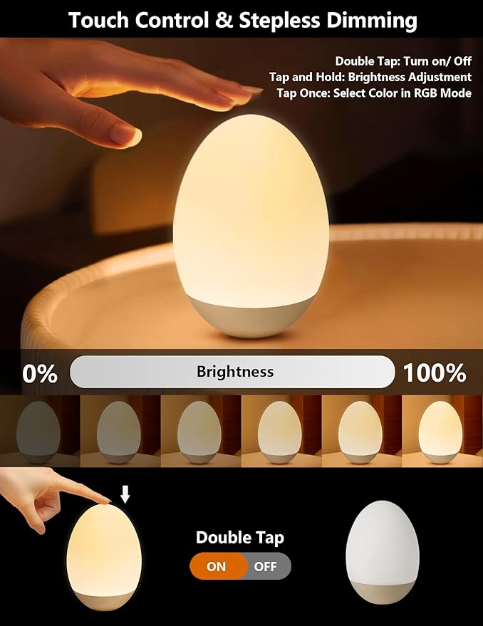 Egg Night Light for Nursery: Baby Night Lights Tap Lamp Stepless Dimming with Warm White and 7 RGB Colors Rechargeable Portable for Infant and Kids Bedroom Breastfeeding Sleep Aid