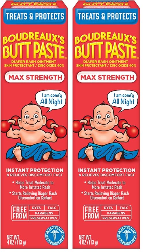 Boudreaux's Butt Paste Maximum Strength Diaper Rash Cream, Ointment for Baby, 4 oz Tube (Pack of 2)