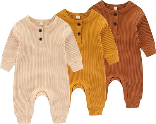 Newborn Baby Boys Girls One Piece Romper With Mitten Cuffs 3 Pack Long Sleeve Ribbed Button Jumpsuit Outfit Clothes