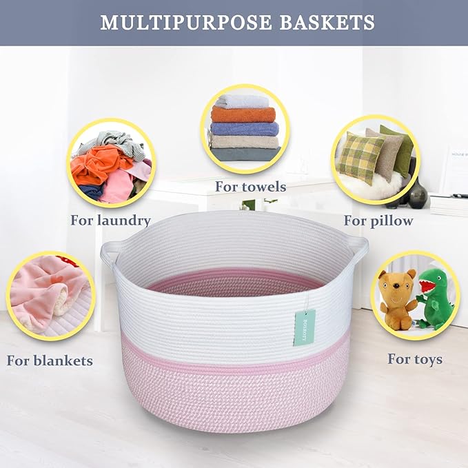 Extra Large Cotton Rope Basket For Girls Kids 87L, Nursery Hamper, Large Laundry Basket , Nursery Bin, Laundry Hamper Organizer for Storage Toys Blankets Clothes, 22”x 14”, Blend White & Pink