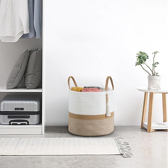 Mkono Woven Storage Basket Decorative Natural Rope Basket Wooden Bead Decoration for Blankets,Toys,Clothes,Shoes,Plant Organizer Bin with Handles Living Room Home Decor, 16"W×13.8"L, White and Brown