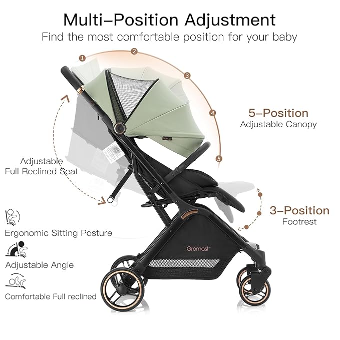 Gravity Folding Baby Stroller - Portable Travel Toddler Stroller w/Adjustable Backrest & Canopy, Lightweight and UV Protected, One-Hand Automatic Folding - Green