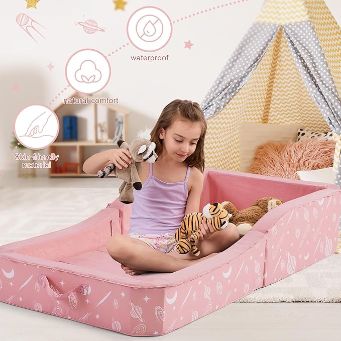 JOYWOO Toddler Floor Bed, Toddler Travel Bed, Foldable Portable Toddlers Beds for Home/Playing/Nap/Hotel, Kids Floor Crib with Washable Cloth Cover, Toddlers Cots for Kids Sleeping, Pink