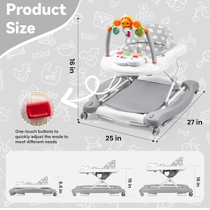 Baby Walker, 5 in 1 Baby Walkers for Boys Girls 6-12 Months, Foldable Walkers for Babies with Bouncer & Feeding Tray, Music, Adjustable Heights, Activity Walker for Infant
