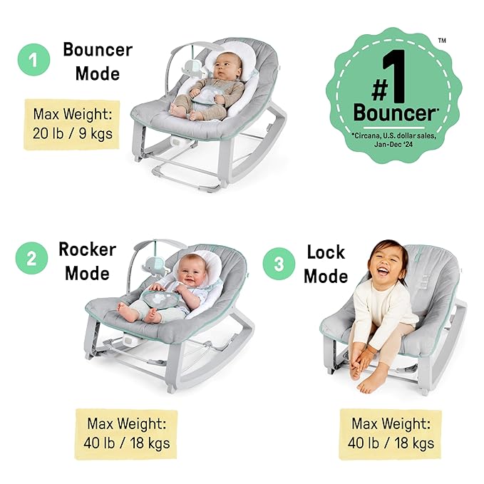 Ingenuity Keep Cozy 3-in-1 Grow with Me Vibrating Baby Bouncer, Seat & Infant to Toddler Rocker, Vibrations & -Toy Bar, 0-30 Months Up to 40 lbs (Weaver)