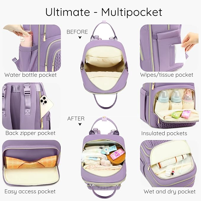 Diaper Bag Backpack - Large Multi functional, Boys, Girls & Baby Travel Essentials Tote with Changing Pad, Insulated Pockets, Stroller Straps, Waterproof - Baby Backpack for Mom & Maternity (Purple)
