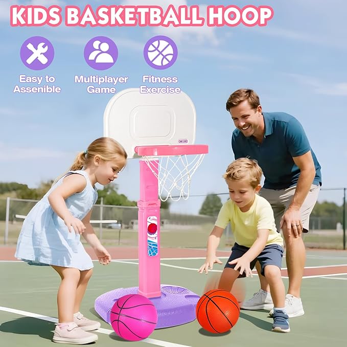 AOKESI Toddler Pink Basketball Hoop Indoor Outdoor Age 1-3, Adjustable Kids Mini Basketball Hoop Outside, Girls Basketball Goal Sport Toys for 1 2 3 4 5 Year Old Baby Girl Birthday Gifts