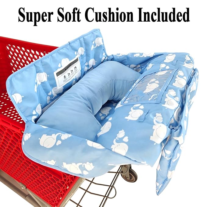 Soft Pillow Attached 2-in-1 Shopping Cart and High Chair Cover for Baby, Cotton Padded Cart Cover, Fold'n Roll Style, Portable with Carry Bag (Blue Elephant)