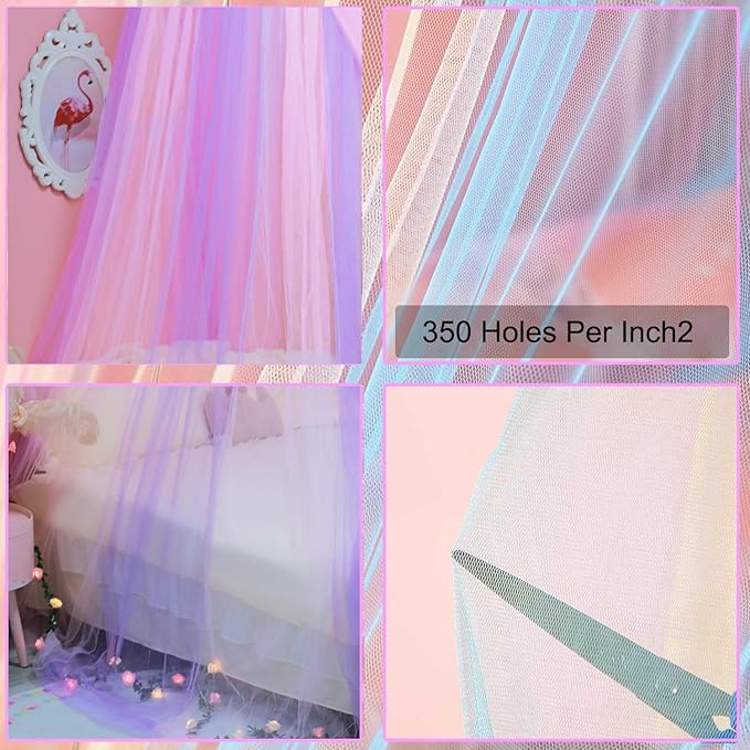Princess Pink Purple Bed Canopy with Warm Fairy Lights for Girls Bed Net,X-Large Princess Canopy Hanging Netting for Girls Bedroom Decor,Kids Fairy Dream Play Tent for Room,Reading Corner