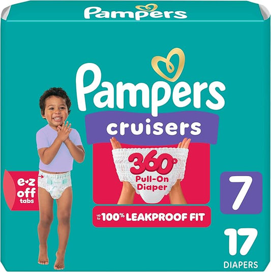 Pampers Diapers - Cruisers 360 - Size 7, 17 Count, Babyproof up to 100% Leakproof Pull-On Diaper (Packaging May Vary)
