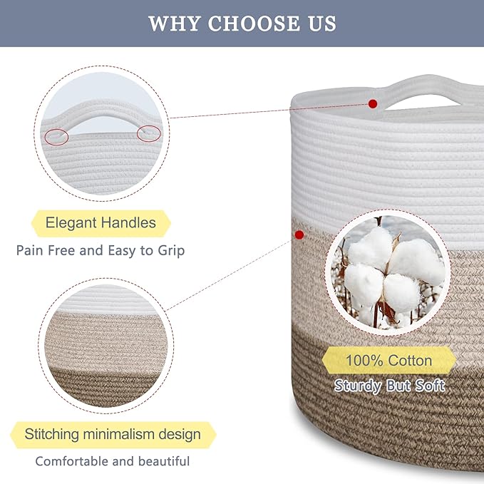 Extra Large Blanket Basket 87L, Laundry Hamper, Baby Nursery Hamper for Storage Toys Clothes Towels, Large Cotton Rope Laundry Basket for Girls Boys, 22”x 14”, White & Gradient Brown