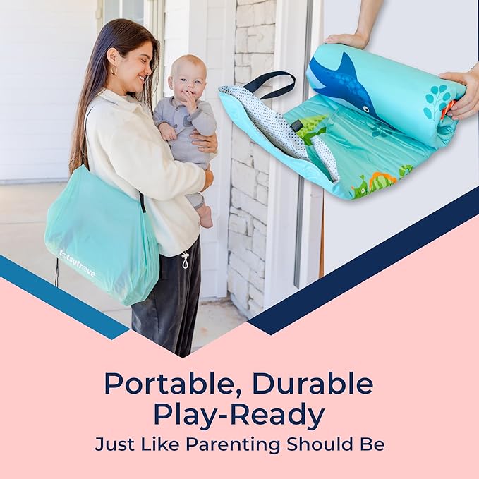 Self Inflating Hexagon Playpen Mat - 52" x 45" Non-Slip Cushioned Portable Play Area - Thick Soft Baby Play Mats for Floor - Easy Care Playmat for Infants and Toddlers - Baby Crawling Mat - Marina