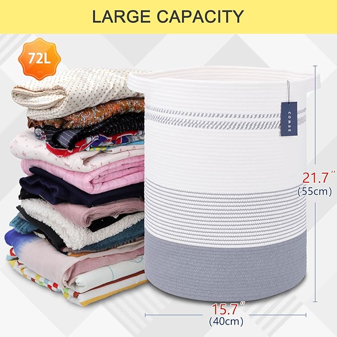 COMSE Extra Large Blanket Basket, Tall Laundry Basket, Nursery Hamper, 15.7”x 21.7”, Cotton Rope Woven Laundry Hamper for Storage Toys Clothes Towels, Light Gray & White