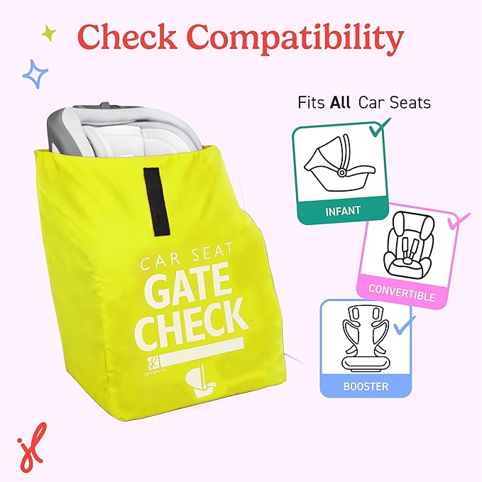 J.L. Childress Gate Check Travel Bag for Car Seats - Car Seat Travel Bag for Airplane, Includes AIRTAG Holder, Fits All Baby Car Infant Carriers & Child Booster Seats - Neon Yellow