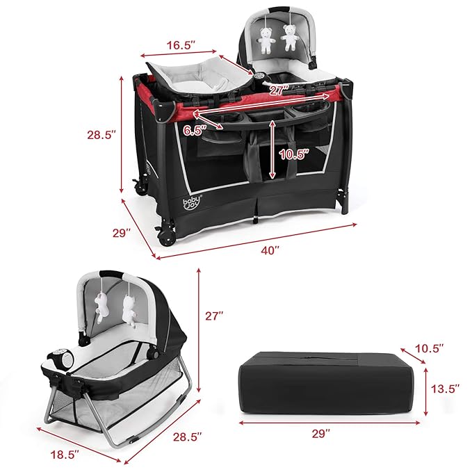 BABY JOY 4 in 1 Pack and Play, Portable Nursery Center Baby Playard w/Bassinet & Diaper Changing Table, Infant Bassinet Activity Center with Toys, Music, Oxford Bag for Toddlers (Rose, Classic)