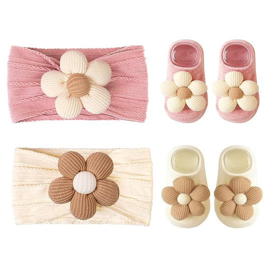 CÉLLOT Baby Girl Headband and Socks, Non-Slip Floral Socks and Soft Floral Nylon Hairbands for Babies Infants and Toddlers