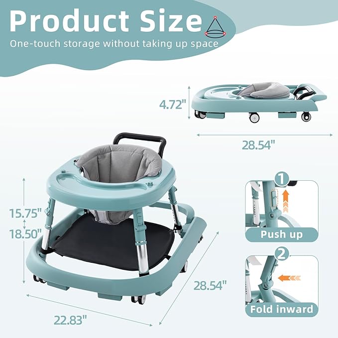 Baby Walker Foldable with Music and Lights,Portable Baby Walker with Wheels,9 Adjustable Heights,Removable Tray&Footrest, Speed Adjustable,Infant Toddler Walker for Baby Boy Girls 6-18 Months(Green)