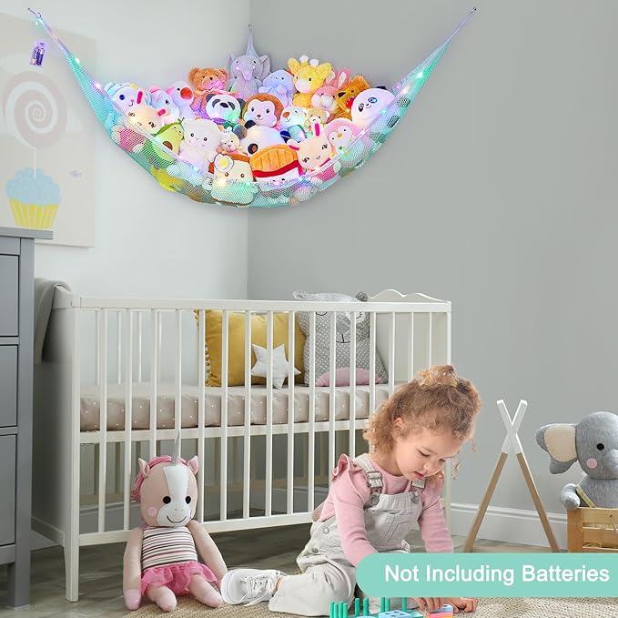 Unicorn Castle Stuffed Animals Net or Hammock Kids Toy Storage Organizer with LED Light Hanging Corner Stuffed Animals Holder Kids Girls Room Decor (Pack of 1)