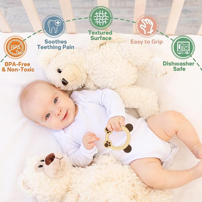 3 Pack Baby Teether, Bear-Shaped Silicone Teething Toys for Infants 0-24 Months, BPA-Free Chew Toys to Soothe Sore Gums (White & Green & Yellow)