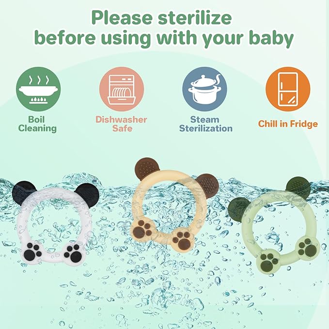 3 Pack Baby Teether, Bear-Shaped Silicone Teething Toys for Infants 0-24 Months, BPA-Free Chew Toys to Soothe Sore Gums (White & Green & Yellow)