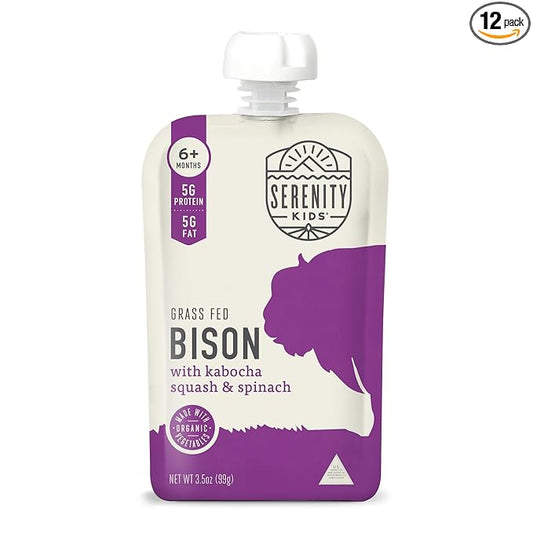 Serenity Kids Baby Food Pouches, Grass Fed Bison with Organic Kabocha Squash & Spinach, For 6+ Months, 3.5 Ounce Pouch (12 Count)